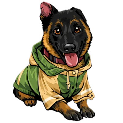 Molly, a cartoon Belgian Malinois wearing a green and tan jacket