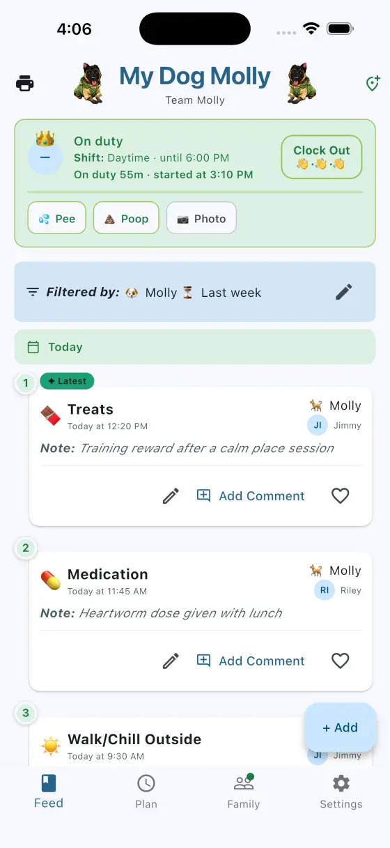 The My Dog Molly feed, showing a green on-duty banner and dated entries for treats, medication, and a walk, each attributed to the packmate who logged it.