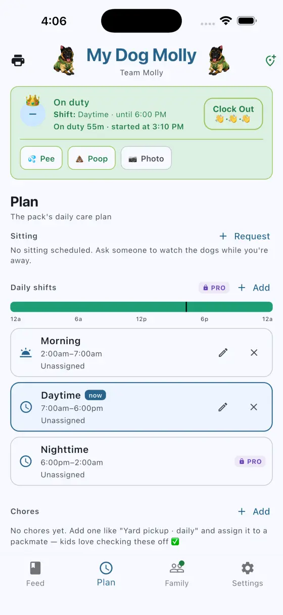 The Plan tab in My Dog Molly, showing daily shifts across a 24-hour coverage bar.